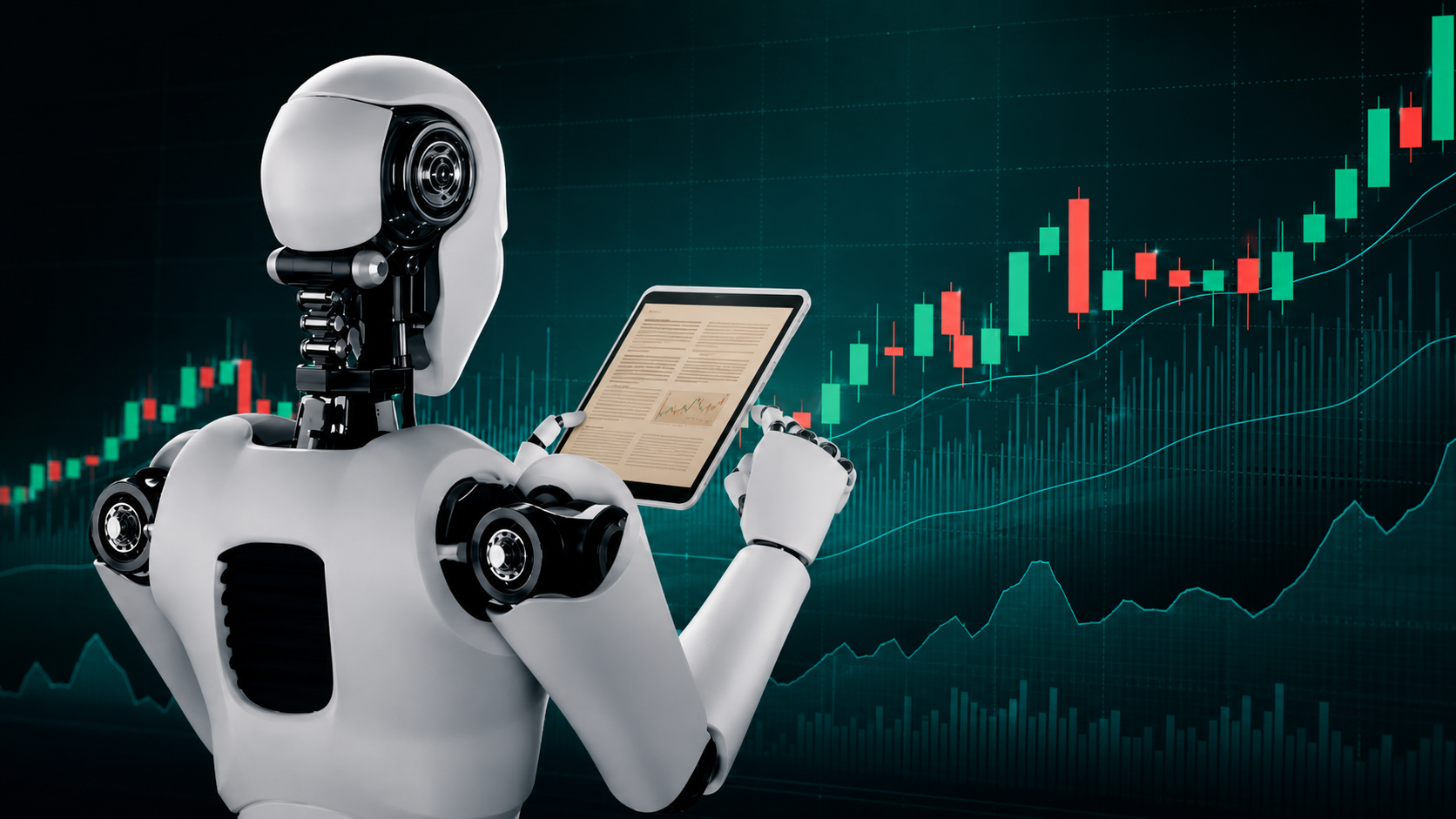 A robot looking at a tablet and analysing the market.